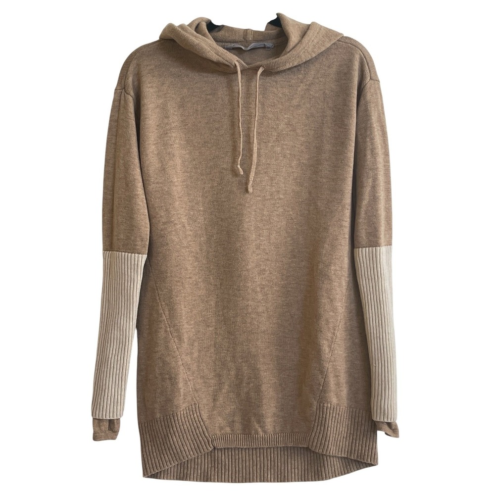 Athleta 100% Wool Sweater Women XXS Hooded Tan Brown Knit Cozy Oversized Top